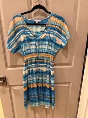 Calypso St. Barth Blue and Cream Striped Mini Dress with Gold Accents